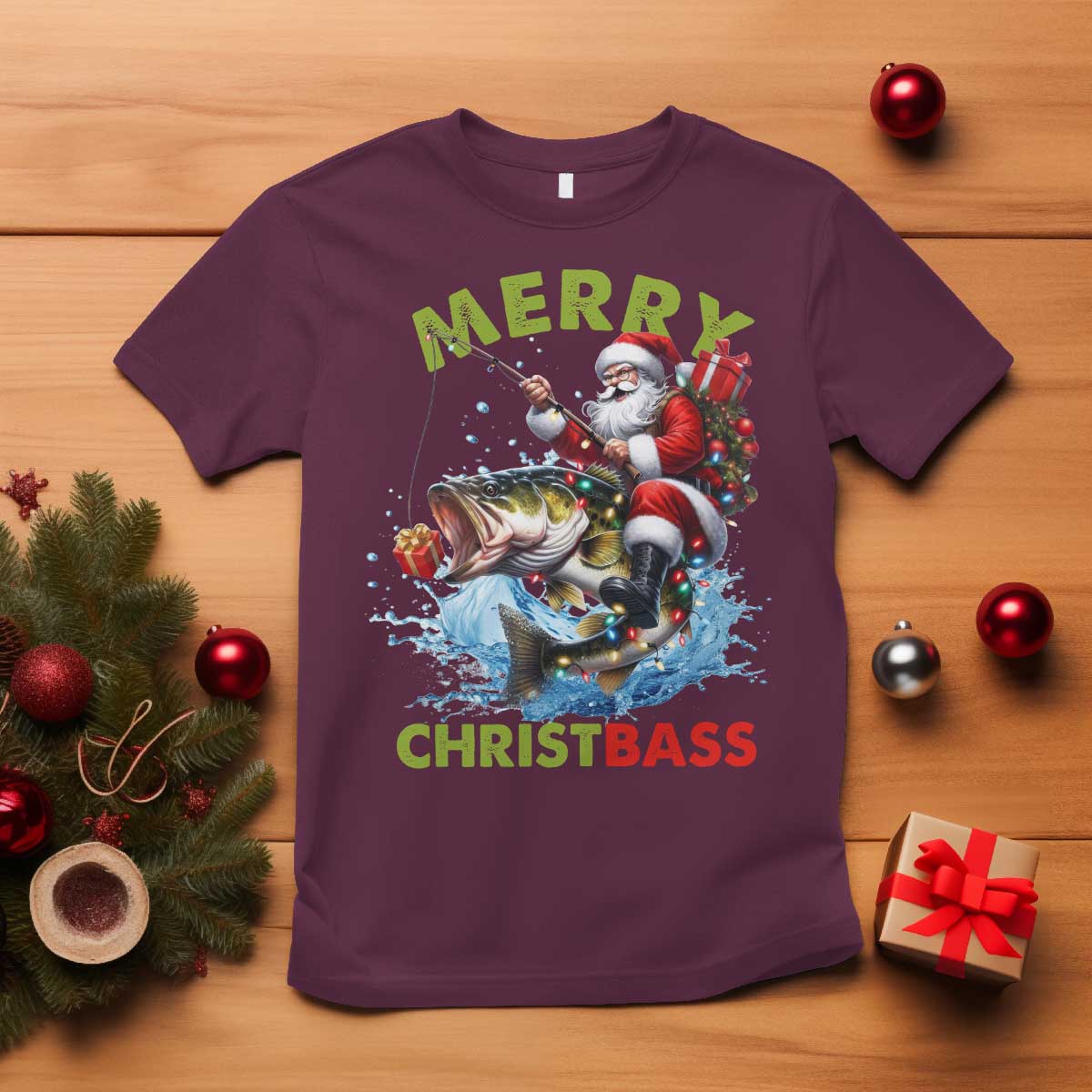 Funny Christmas Fishing T Shirt Merry Christbass Santa Xmas Tree - Wonder Print Shop