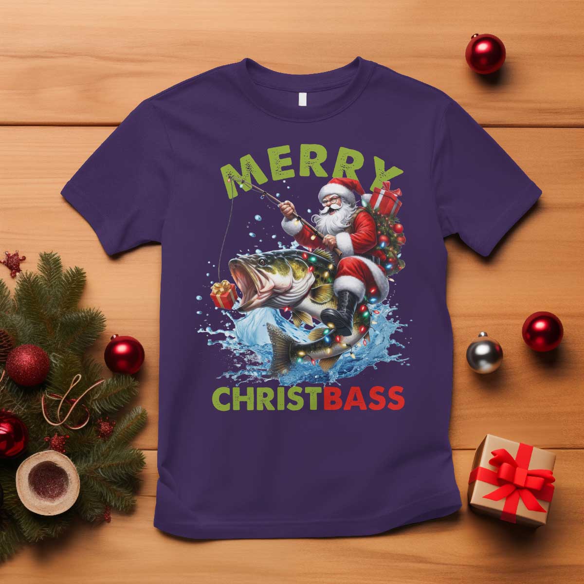Funny Christmas Fishing T Shirt Merry Christbass Santa Xmas Tree - Wonder Print Shop