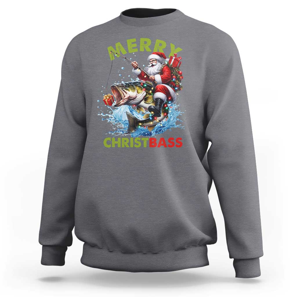 Funny Christmas Fishing Sweatshirt Merry Christbass Santa Xmas Tree - Wonder Print Shop
