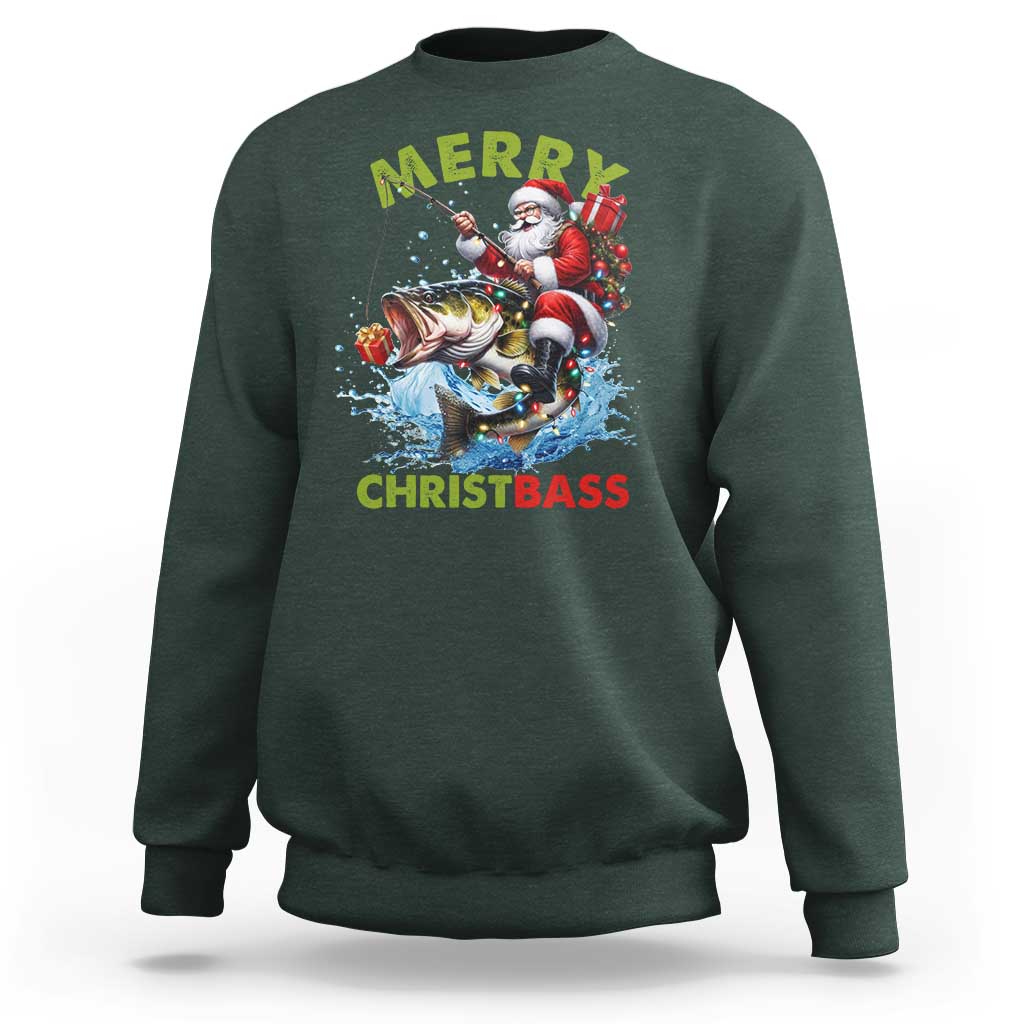 Funny Christmas Fishing Sweatshirt Merry Christbass Santa Xmas Tree - Wonder Print Shop