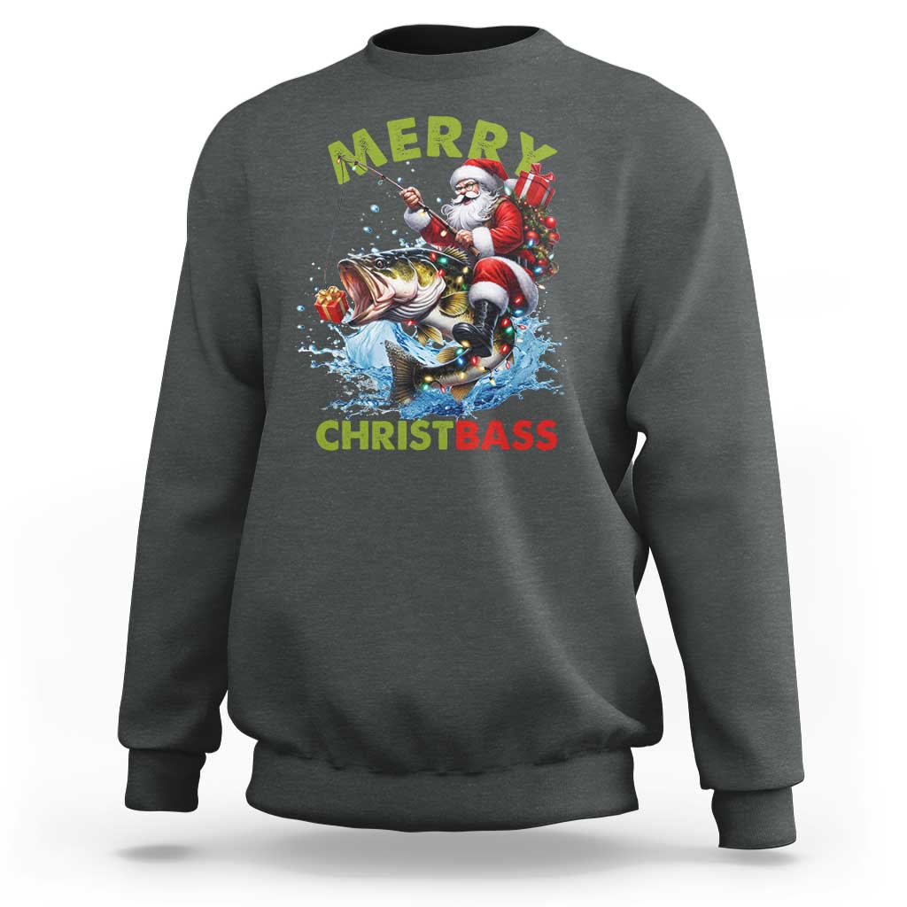 Funny Christmas Fishing Sweatshirt Merry Christbass Santa Xmas Tree - Wonder Print Shop