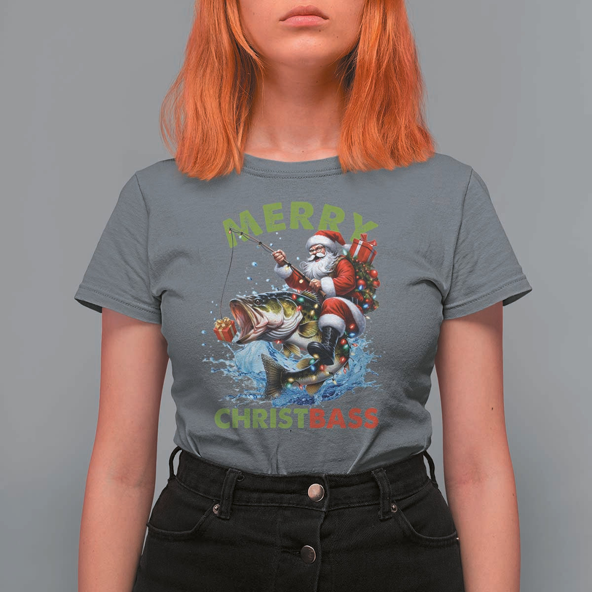 Funny Christmas Fishing T Shirt For Women Merry Christbass Santa Xmas Tree - Wonder Print Shop