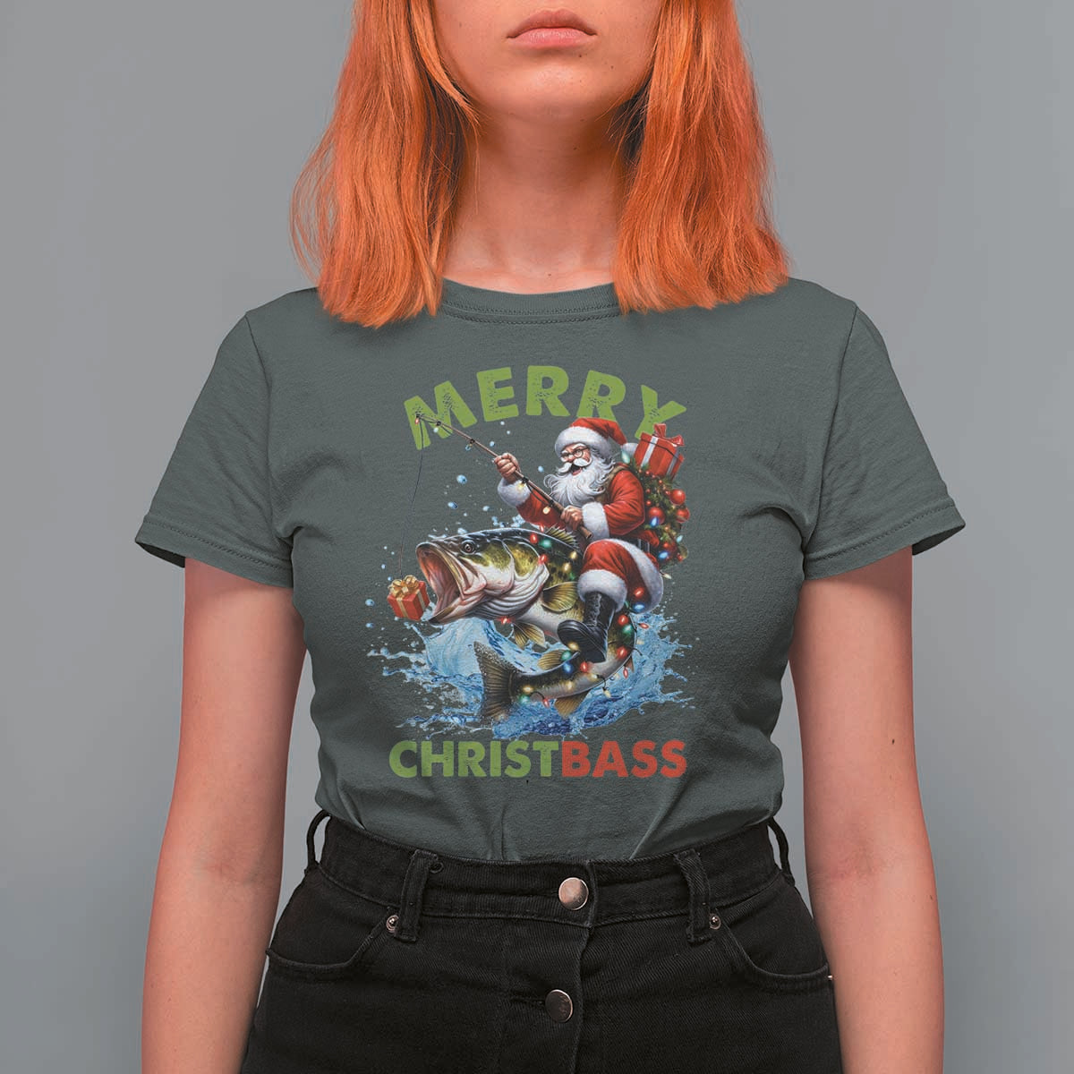Funny Christmas Fishing T Shirt For Women Merry Christbass Santa Xmas Tree - Wonder Print Shop