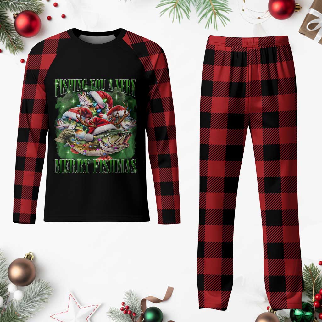 Funny Xmas Plaid Pajama Set Fishing You A Very Merry Fishmas Santa Hat - Wonder Print Shop