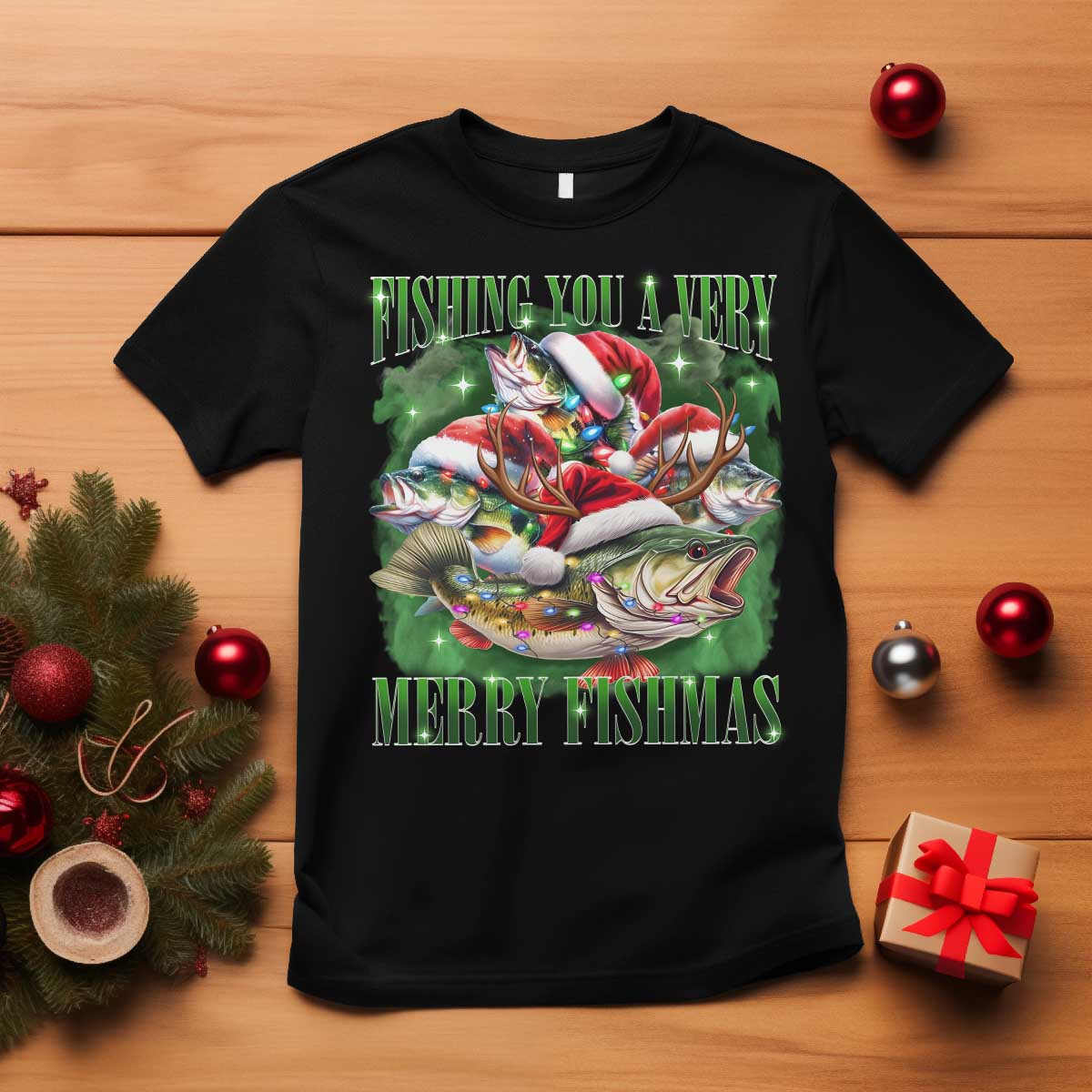 Funny Fishing Christmas T Shirt Fishing You A Very Merry Fishmas Santa Hat - Wonder Print Shop