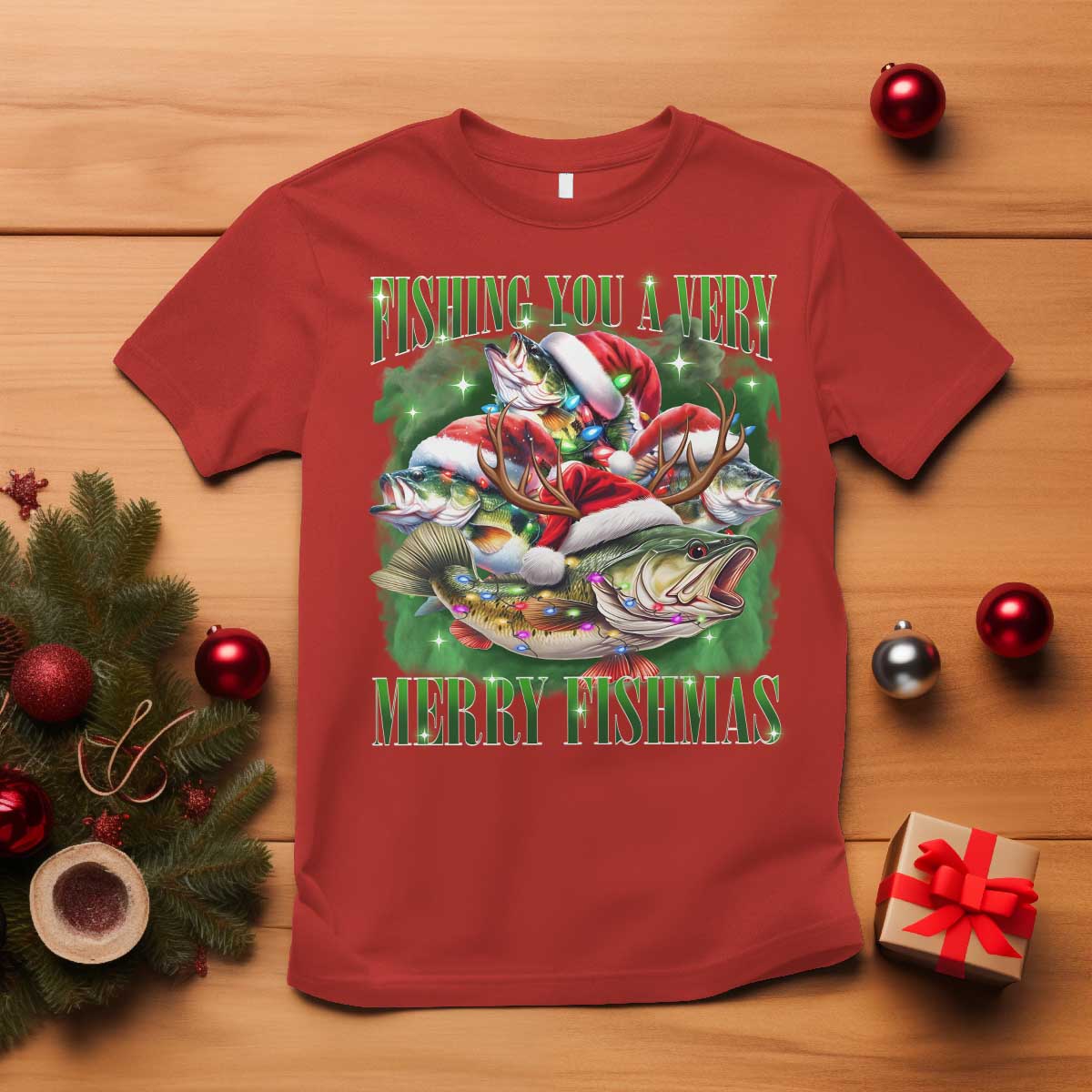 Funny Fishing Christmas T Shirt Fishing You A Very Merry Fishmas Santa Hat - Wonder Print Shop