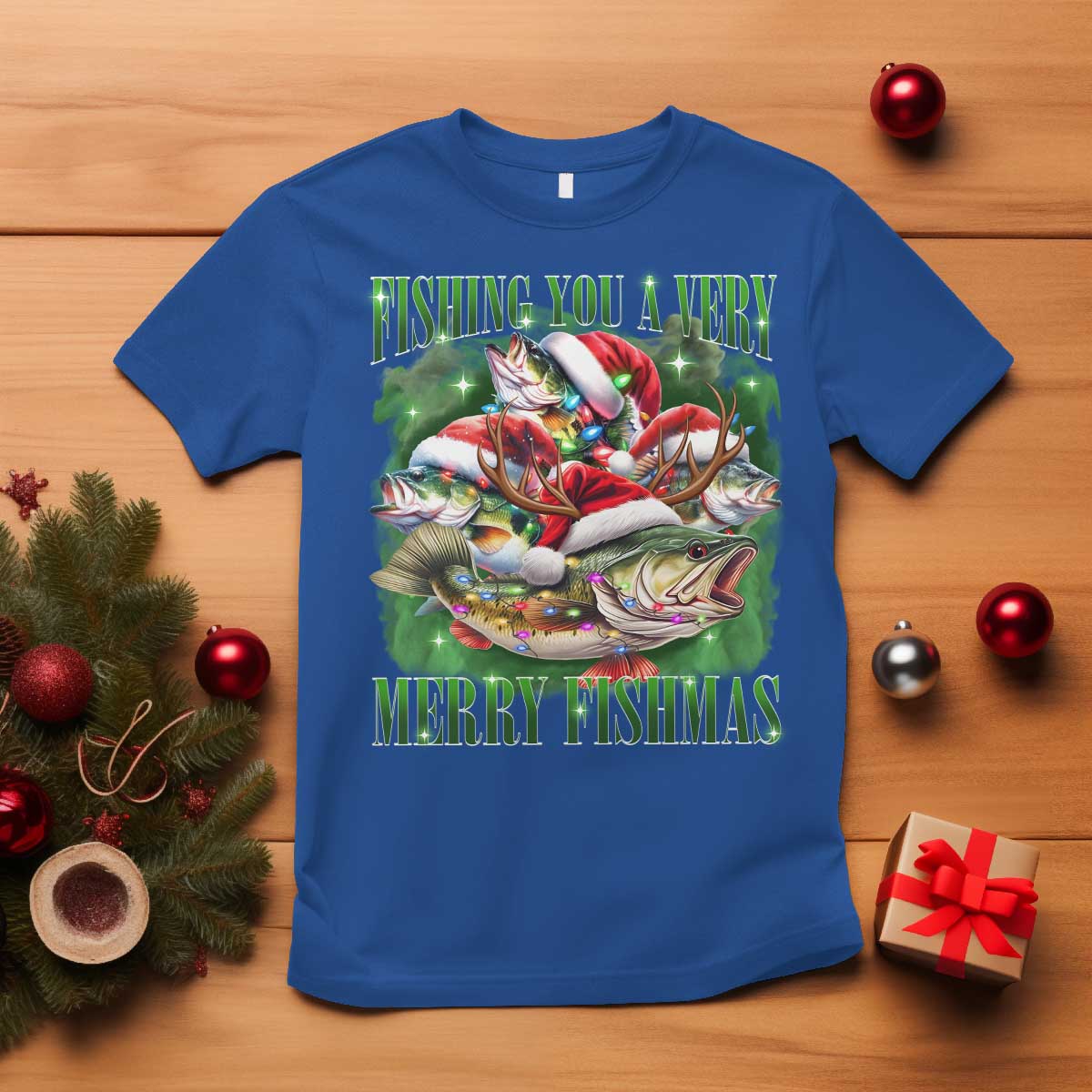 Funny Fishing Christmas T Shirt Fishing You A Very Merry Fishmas Santa Hat - Wonder Print Shop