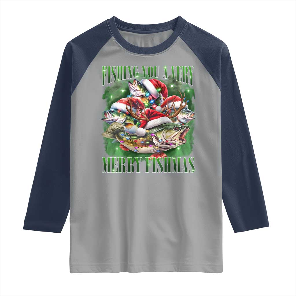 Funny Fishing Christmas Raglan Shirt Fishing You A Very Merry Fishmas Santa Hat - Wonder Print Shop