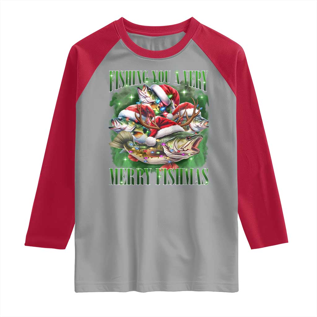 Funny Fishing Christmas Raglan Shirt Fishing You A Very Merry Fishmas Santa Hat - Wonder Print Shop