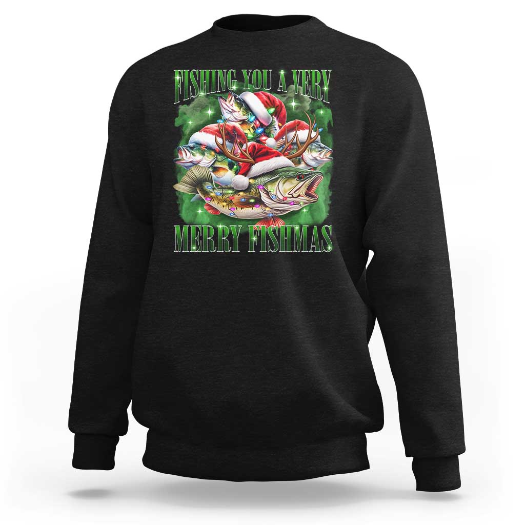 Funny Fishing Christmas Sweatshirt Fishing You A Very Merry Fishmas Santa Hat - Wonder Print Shop