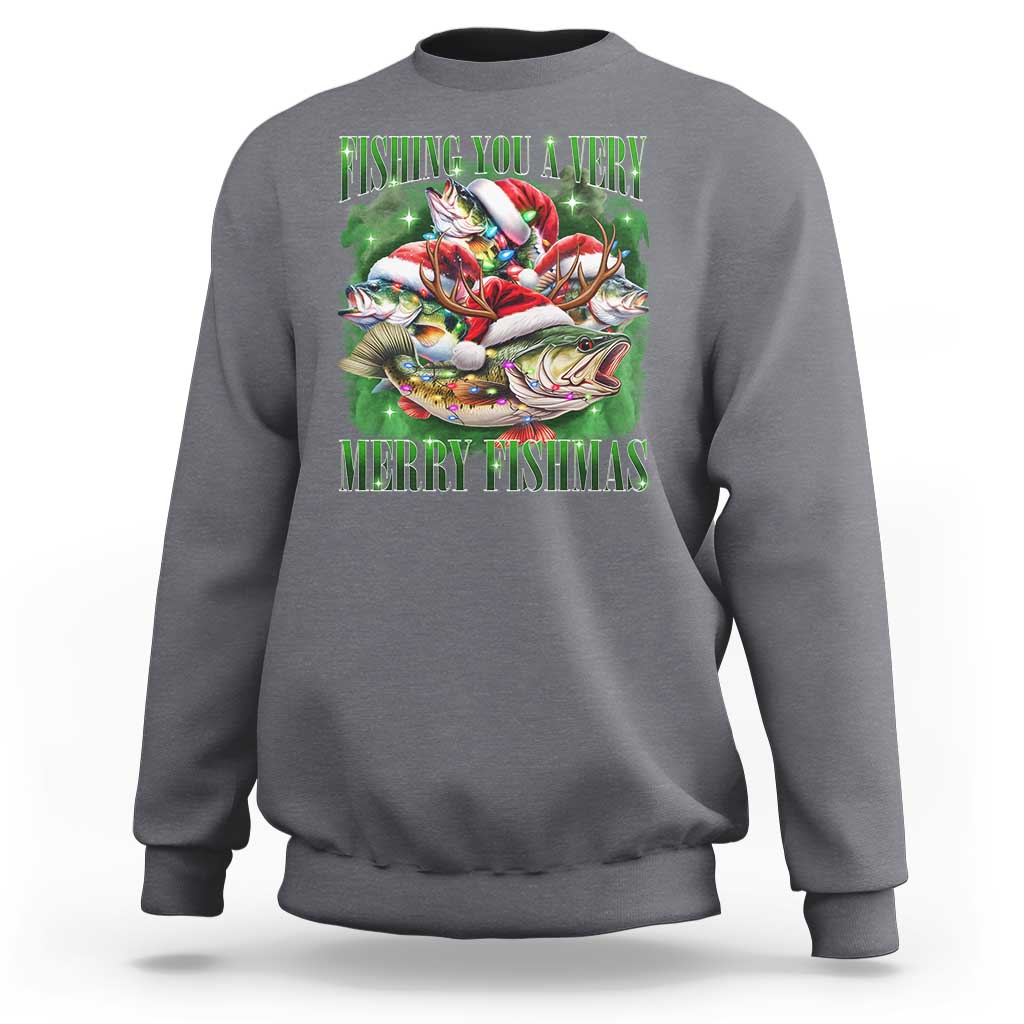 Funny Fishing Christmas Sweatshirt Fishing You A Very Merry Fishmas Santa Hat - Wonder Print Shop
