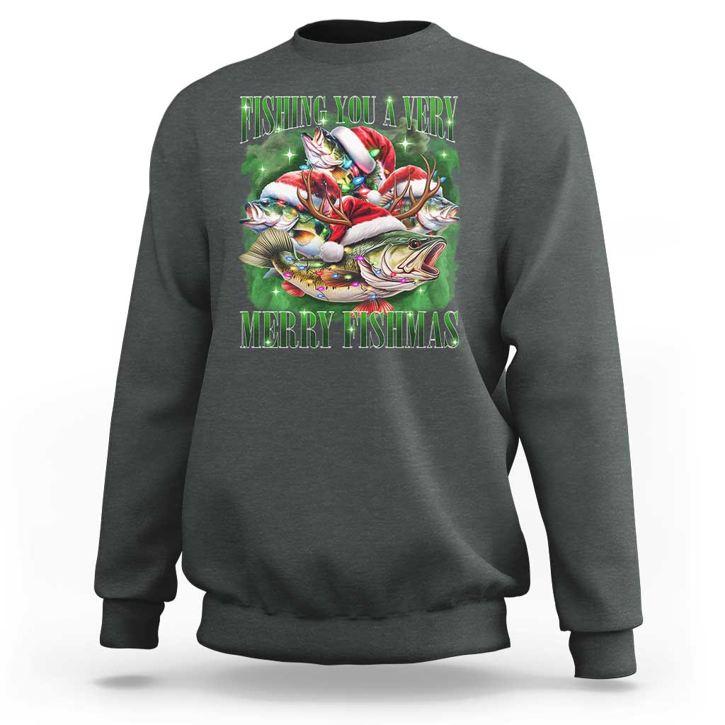 Funny Fishing Christmas Sweatshirt Fishing You A Very Merry Fishmas Santa Hat - Wonder Print Shop
