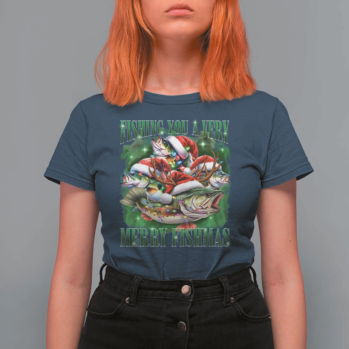 Funny Fishing Christmas T Shirt For Women Fishing You A Very Merry Fishmas Santa Hat - Wonder Print Shop