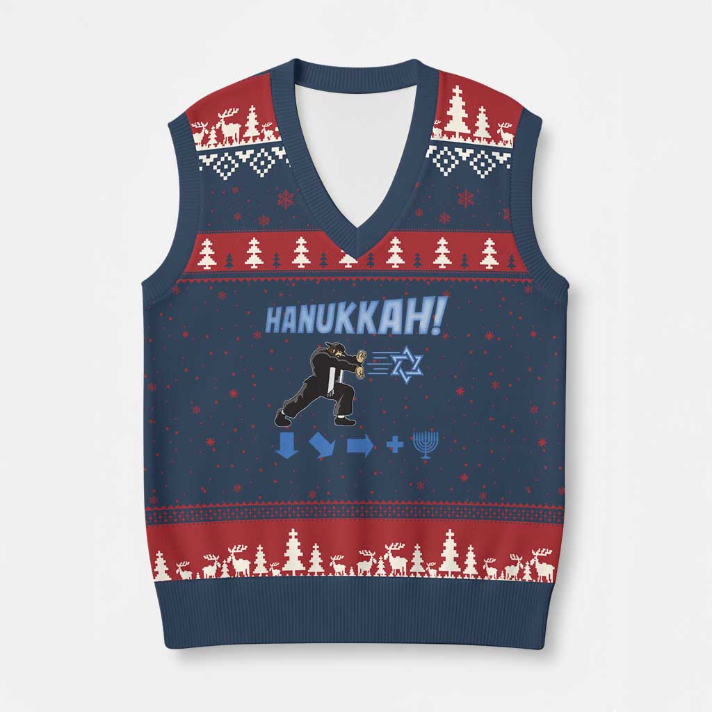 Funny Hanukkah Arcade Game V-Neck Knit Sweater Vest Jewish Fighter Menorah Star Of David - Wonder Print Shop