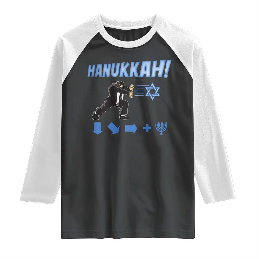 Funny Hanukkah Arcade Game Raglan Shirt Jewish Fighter Menorah Star Of David - Wonder Print Shop