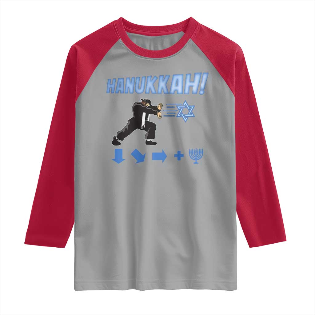 Funny Hanukkah Arcade Game Raglan Shirt Jewish Fighter Menorah Star Of David - Wonder Print Shop