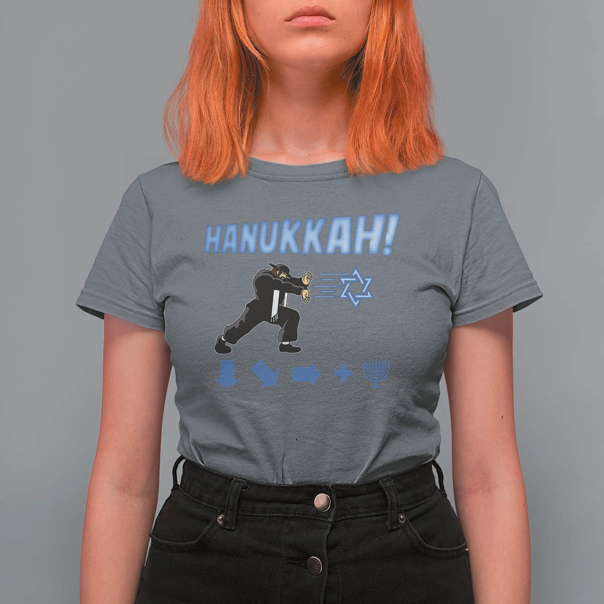 Funny Hanukkah Arcade Game T Shirt For Women Jewish Fighter Menorah Star Of David - Wonder Print Shop