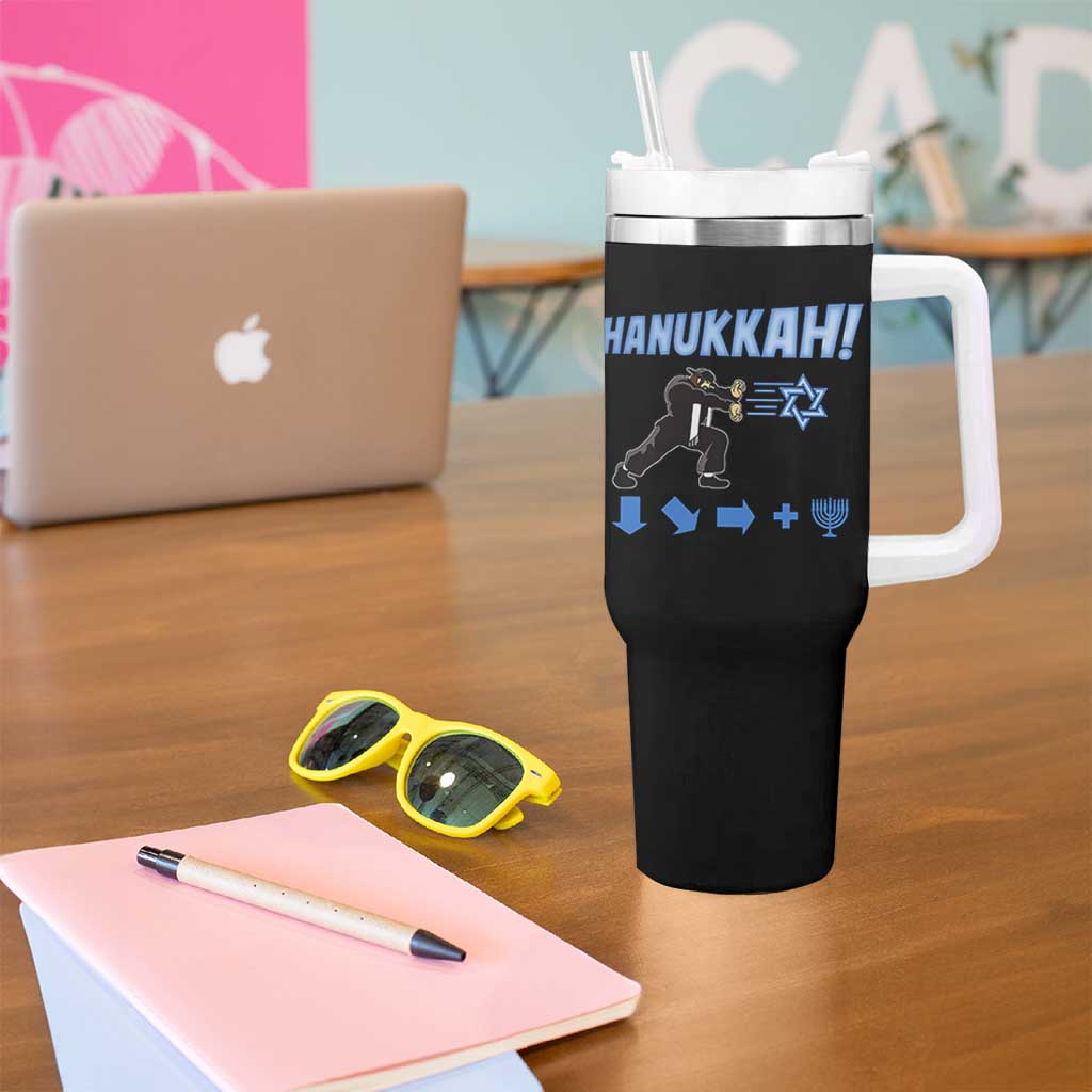Funny Hanukkah Arcade Game Tumbler With Handle Jewish Fighter Menorah Star Of David - Wonder Print Shop