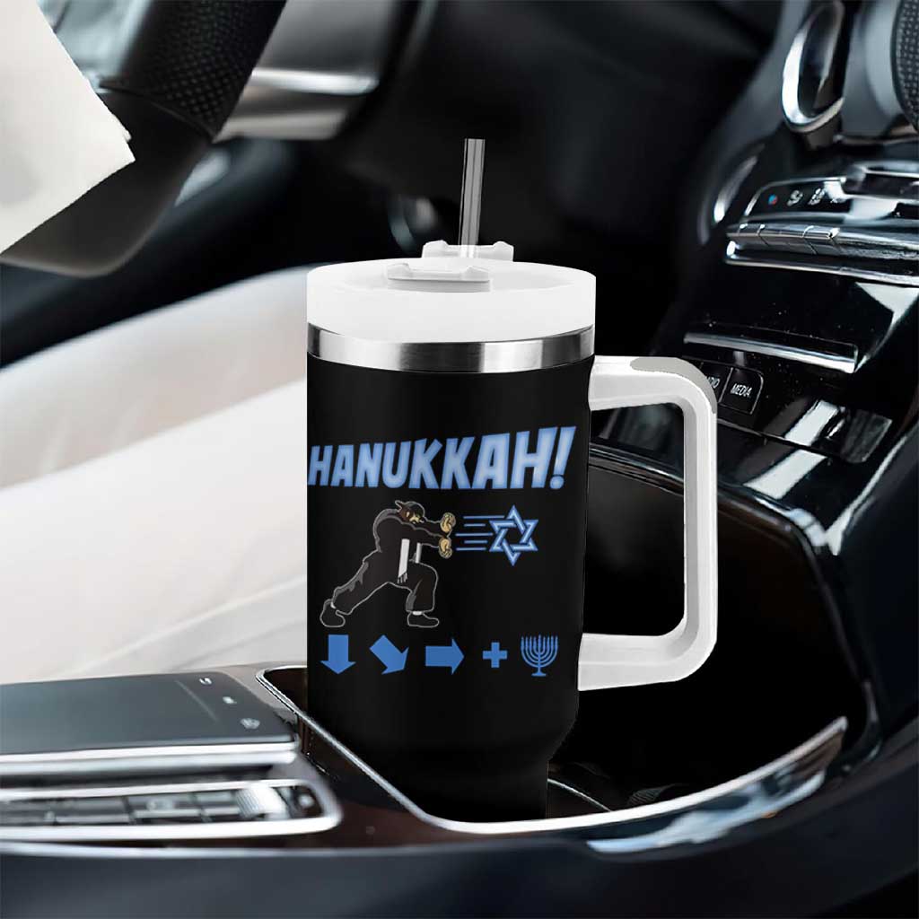 Funny Hanukkah Arcade Game Tumbler With Handle Jewish Fighter Menorah Star Of David - Wonder Print Shop