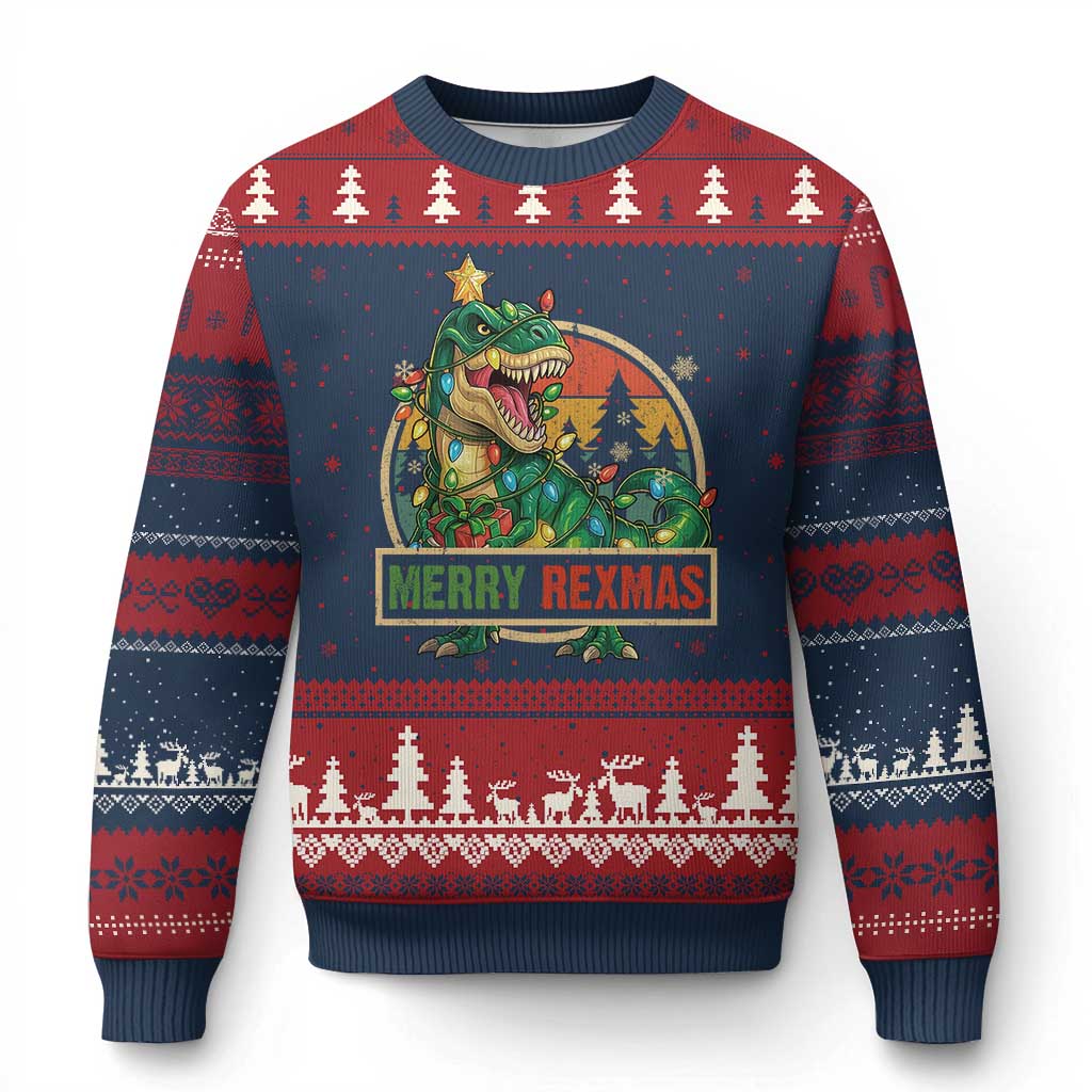 Funny Xmas Dinosaur Ugly Christmas Sweater Merry Rexmas Dino Xmas Tree - Wonder Print Shop