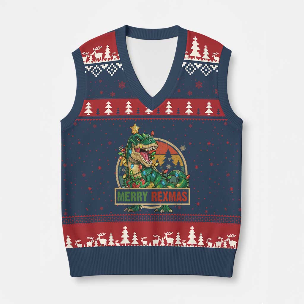 Funny Xmas Dinosaur V-Neck Knit Sweater Vest Merry Rexmas Dino Xmas Tree - Wonder Print Shop