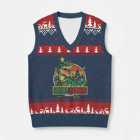 Funny Xmas Dinosaur V-Neck Knit Sweater Vest Merry Rexmas Dino Xmas Tree - Wonder Print Shop
