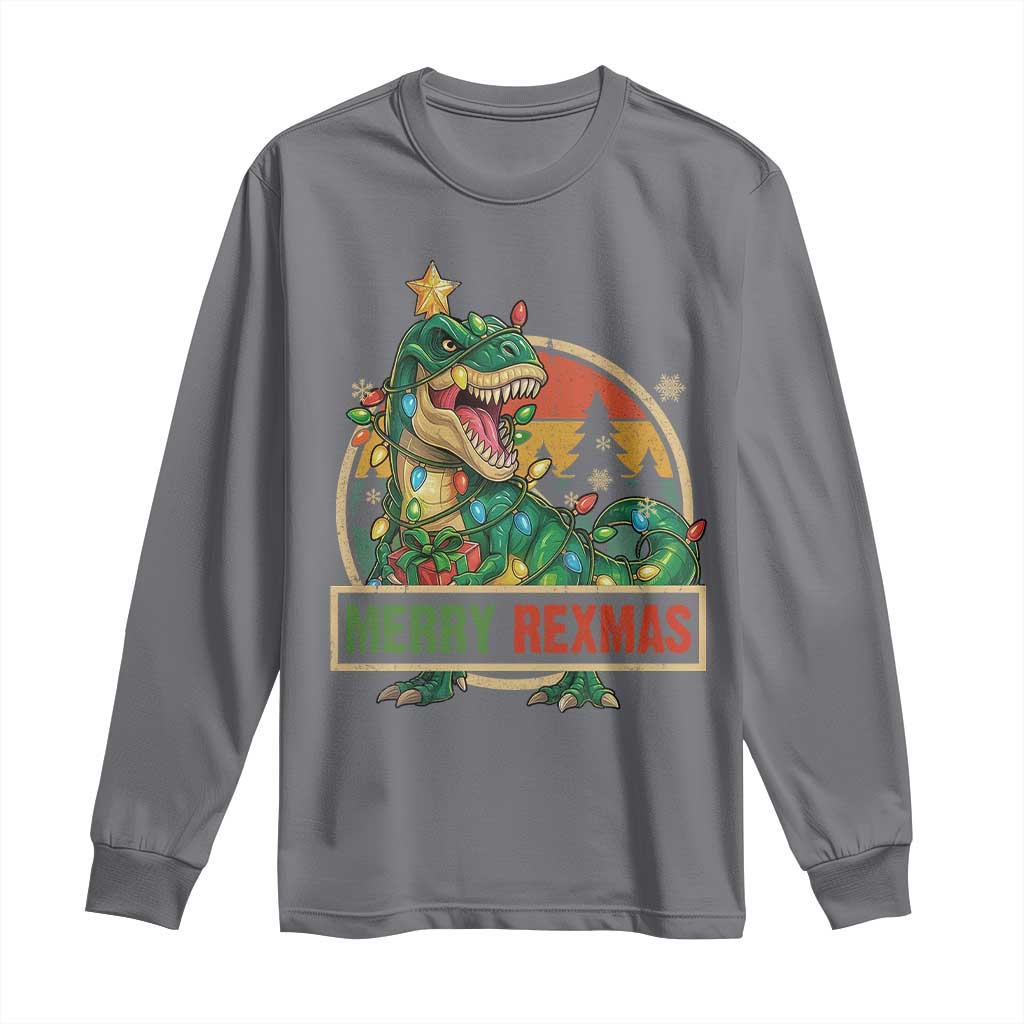 Funny Christmas Dinosaur Long Sleeve Shirt Merry Rexmas Dino Xmas Tree - Wonder Print Shop