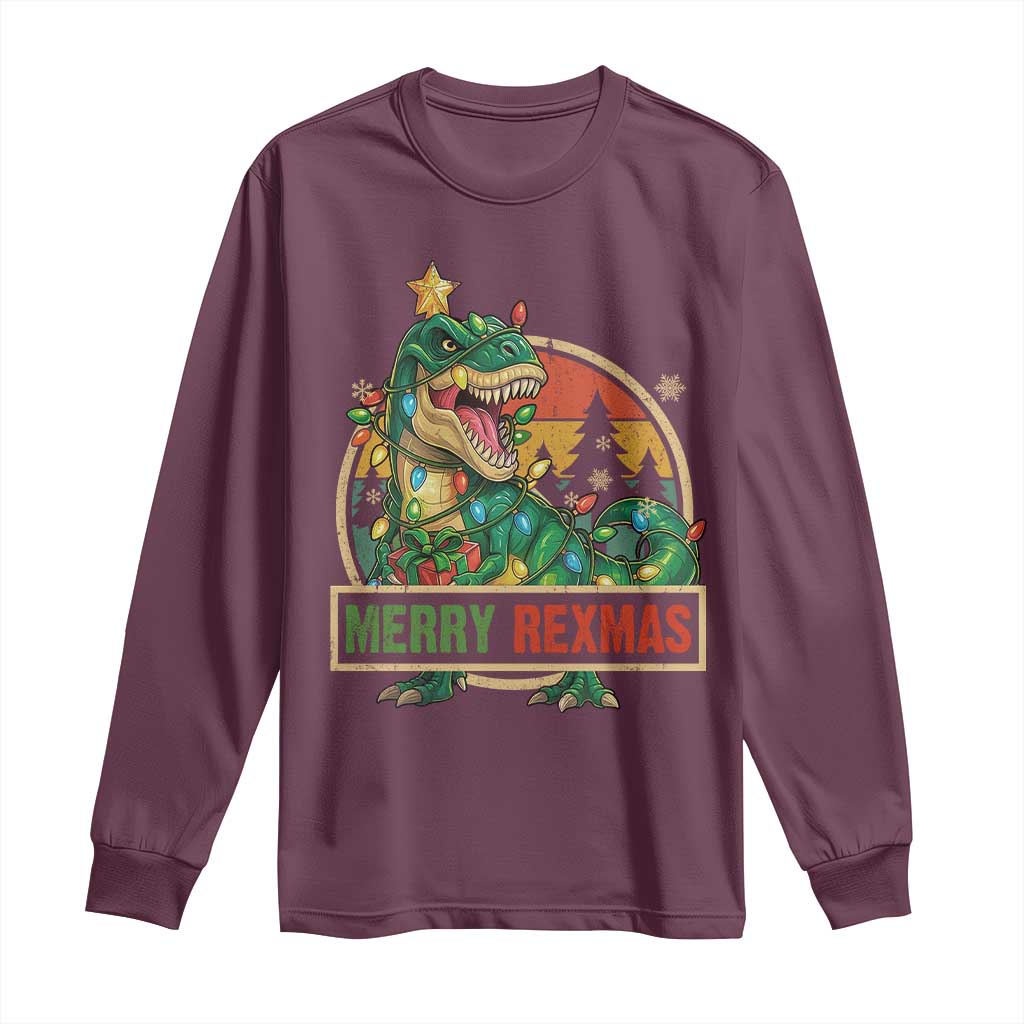 Funny Christmas Dinosaur Long Sleeve Shirt Merry Rexmas Dino Xmas Tree - Wonder Print Shop
