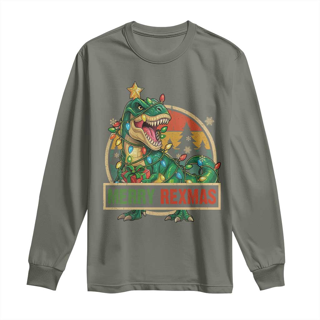 Funny Christmas Dinosaur Long Sleeve Shirt Merry Rexmas Dino Xmas Tree - Wonder Print Shop
