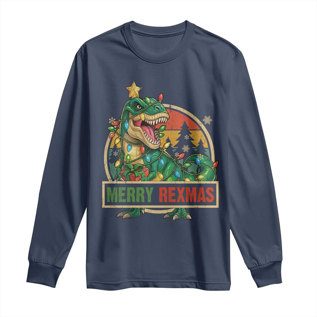 Funny Christmas Dinosaur Long Sleeve Shirt Merry Rexmas Dino Xmas Tree - Wonder Print Shop