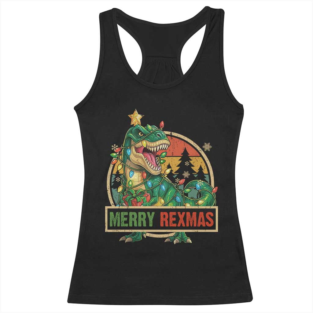 Funny Christmas Dinosaur Racerback Tank Top Merry Rexmas Dino Xmas Tree - Wonder Print Shop