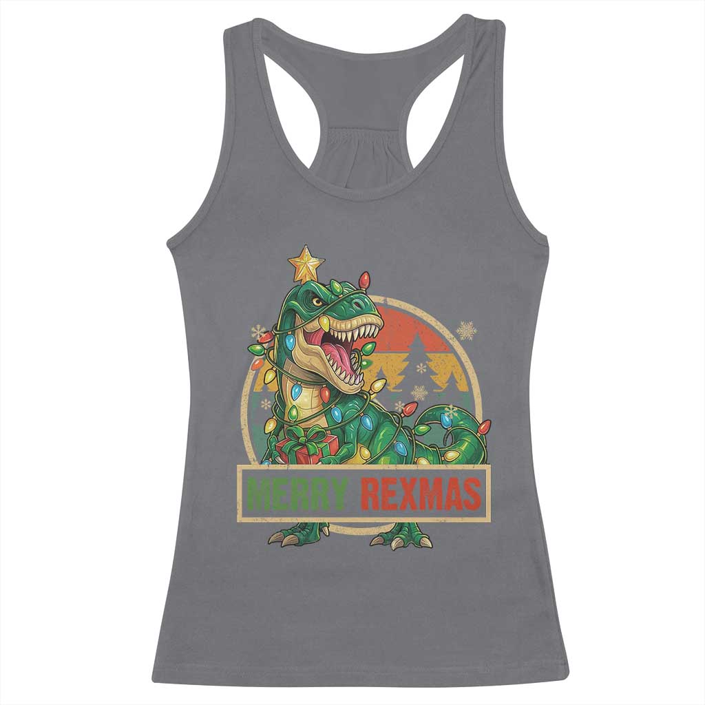Funny Christmas Dinosaur Racerback Tank Top Merry Rexmas Dino Xmas Tree - Wonder Print Shop