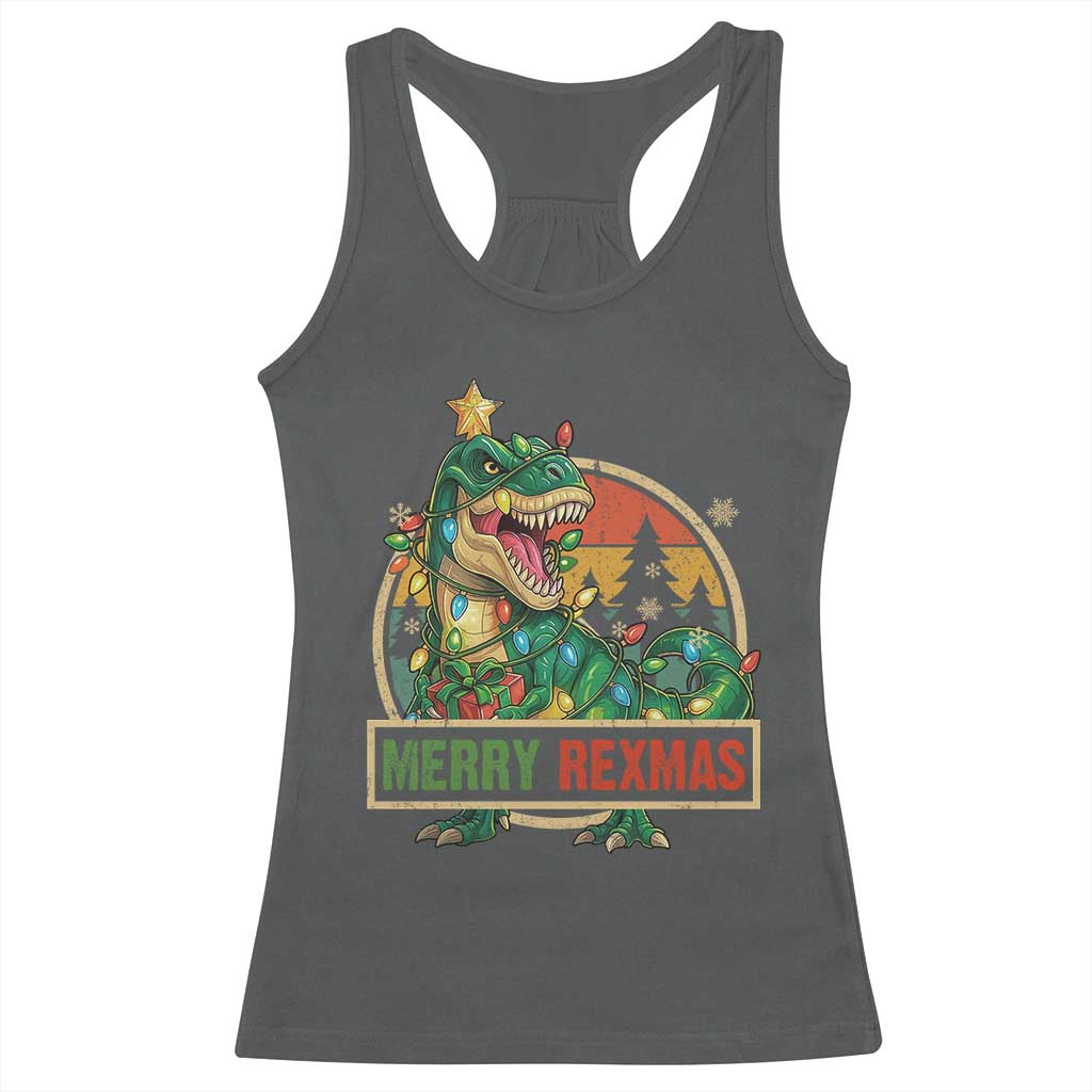 Funny Christmas Dinosaur Racerback Tank Top Merry Rexmas Dino Xmas Tree - Wonder Print Shop