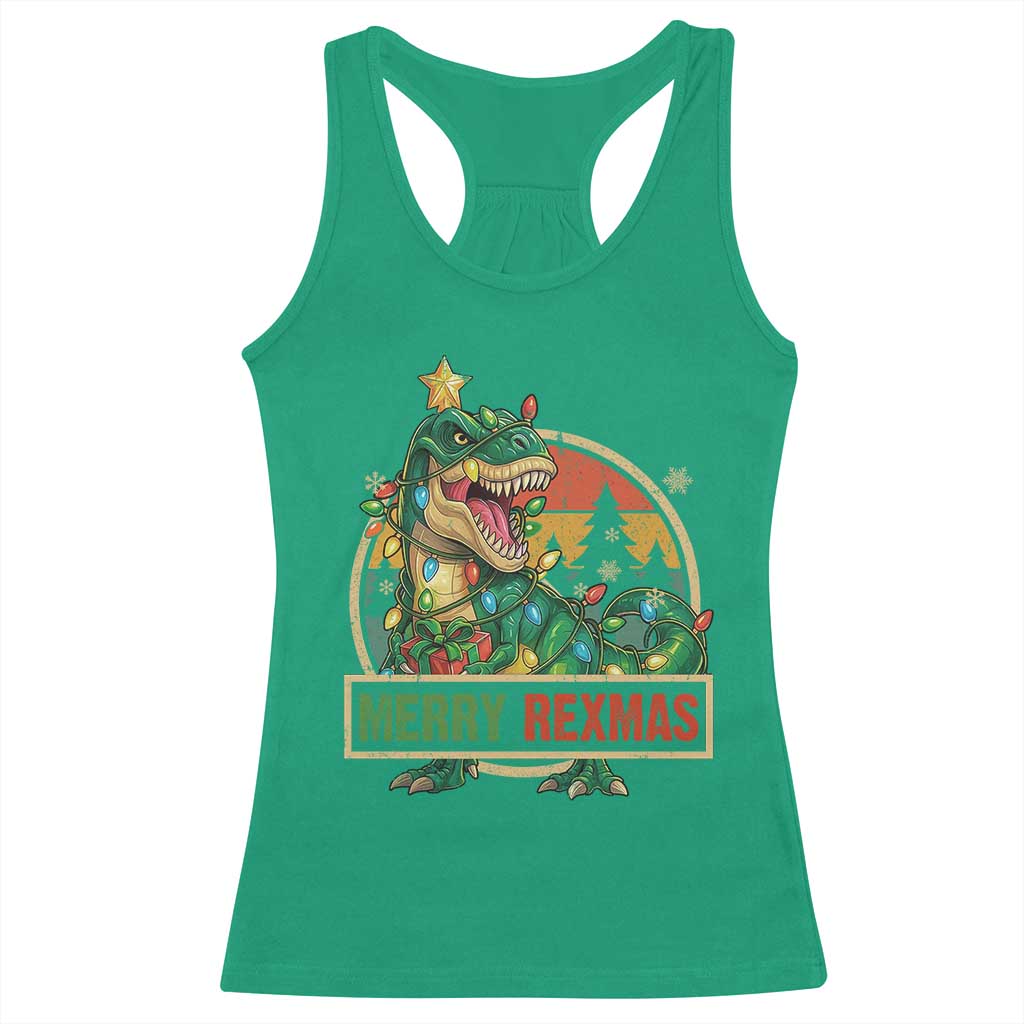 Funny Christmas Dinosaur Racerback Tank Top Merry Rexmas Dino Xmas Tree - Wonder Print Shop