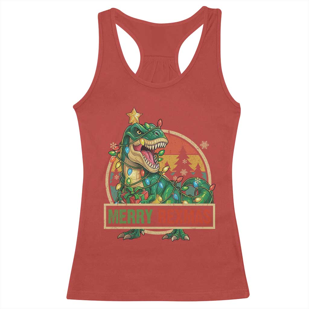Funny Christmas Dinosaur Racerback Tank Top Merry Rexmas Dino Xmas Tree - Wonder Print Shop