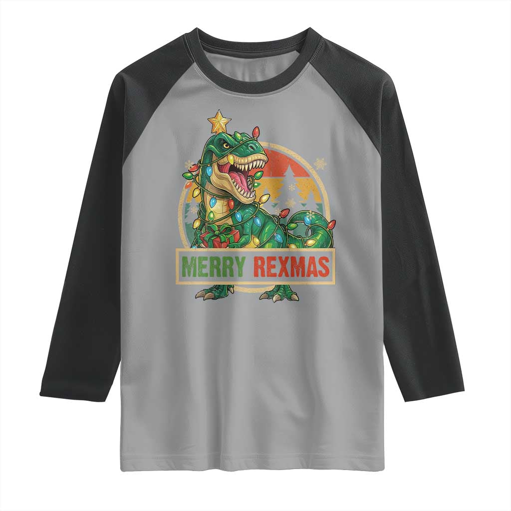 Funny Christmas Dinosaur Raglan Shirt Merry Rexmas Dino Xmas Tree - Wonder Print Shop