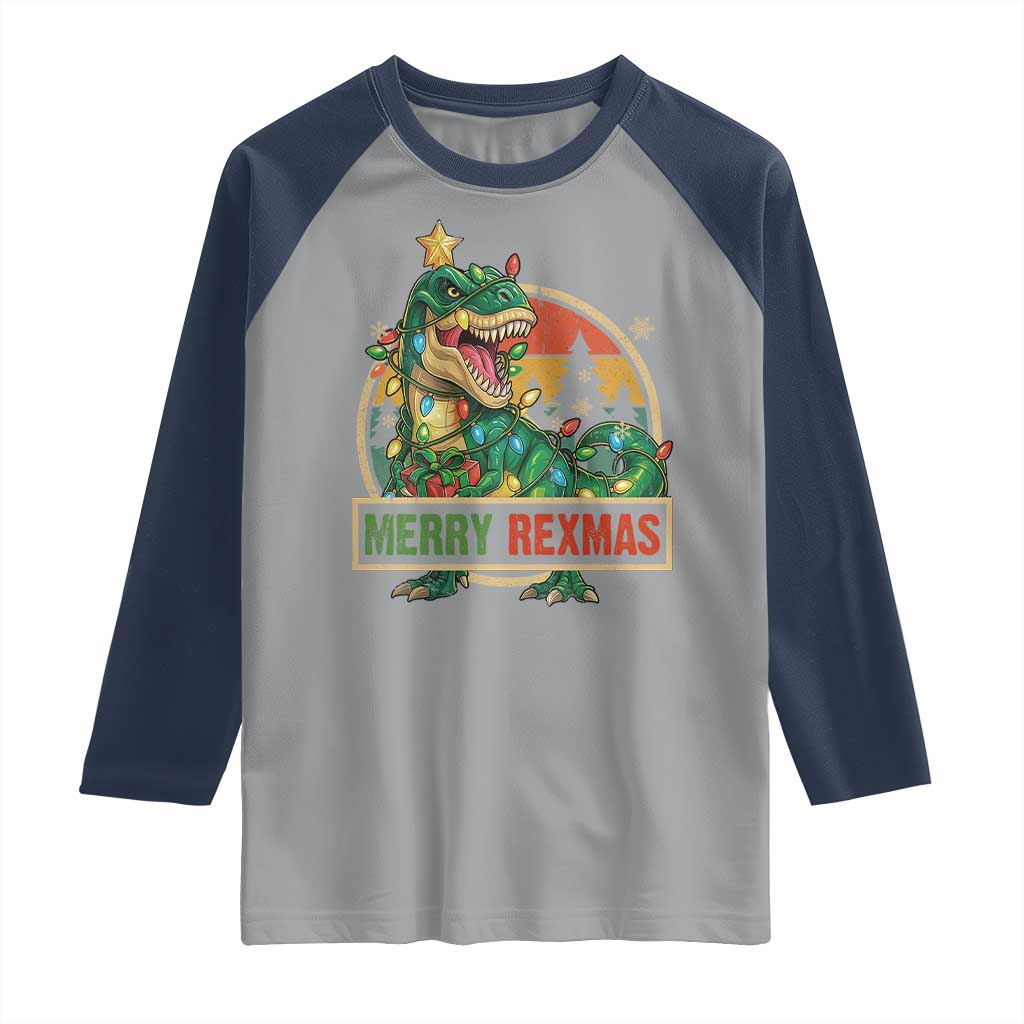 Funny Christmas Dinosaur Raglan Shirt Merry Rexmas Dino Xmas Tree - Wonder Print Shop