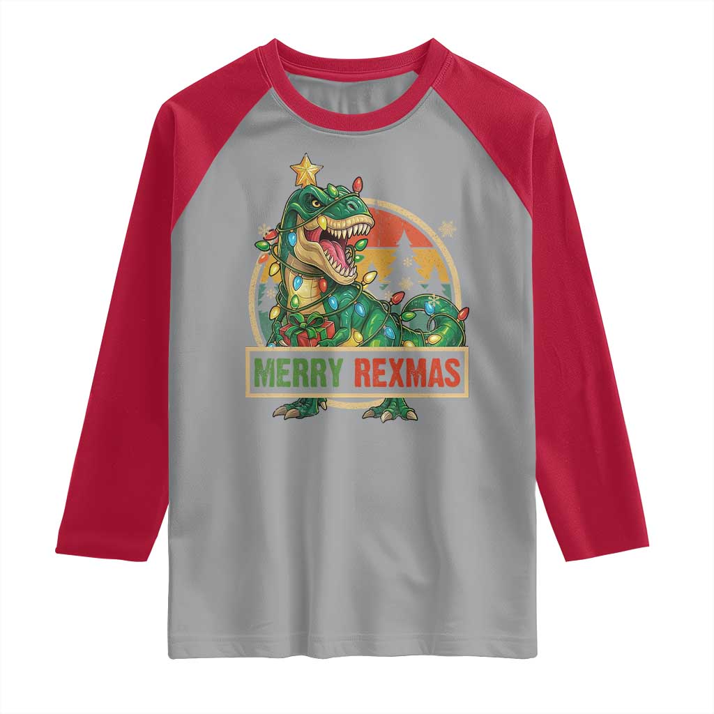 Funny Christmas Dinosaur Raglan Shirt Merry Rexmas Dino Xmas Tree - Wonder Print Shop