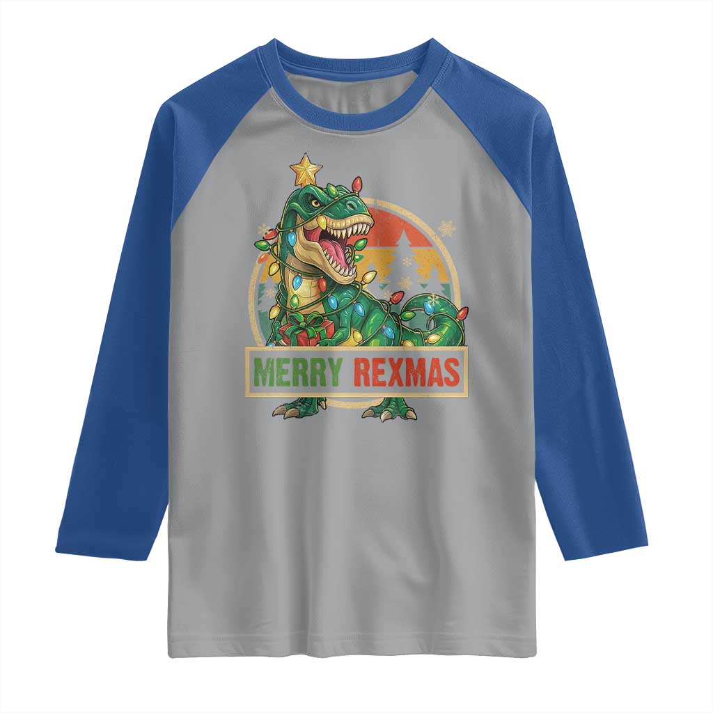 Funny Christmas Dinosaur Raglan Shirt Merry Rexmas Dino Xmas Tree - Wonder Print Shop
