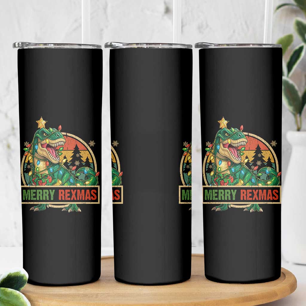 Funny Christmas Dinosaur Skinny Tumbler Merry Rexmas Dino Xmas Tree - Wonder Print Shop