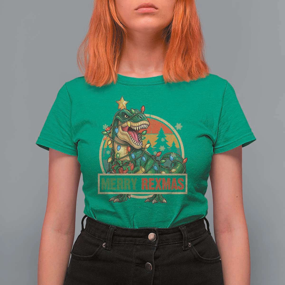 Funny Christmas Dinosaur T Shirt For Women Merry Rexmas Dino Xmas Tree - Wonder Print Shop