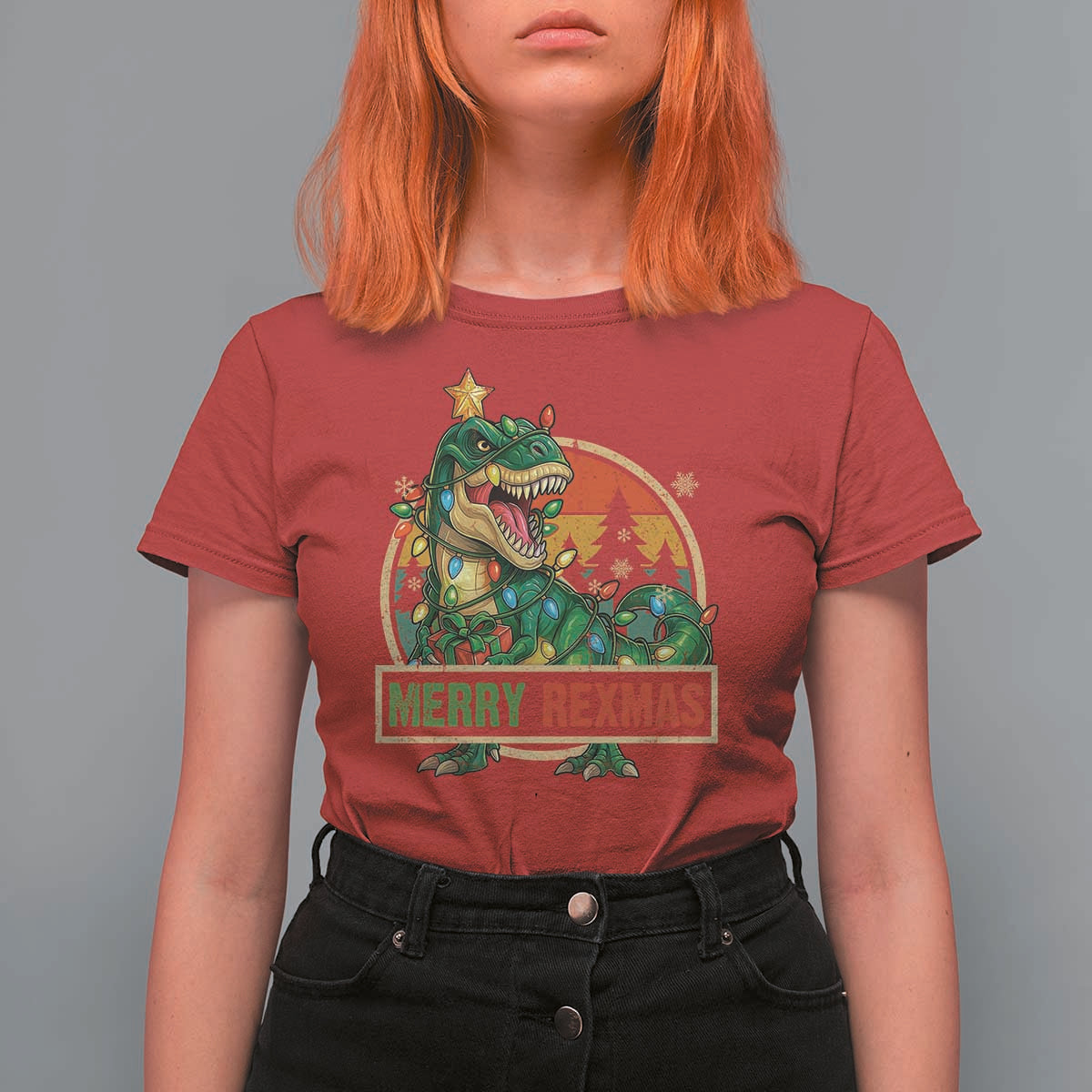 Funny Christmas Dinosaur T Shirt For Women Merry Rexmas Dino Xmas Tree - Wonder Print Shop
