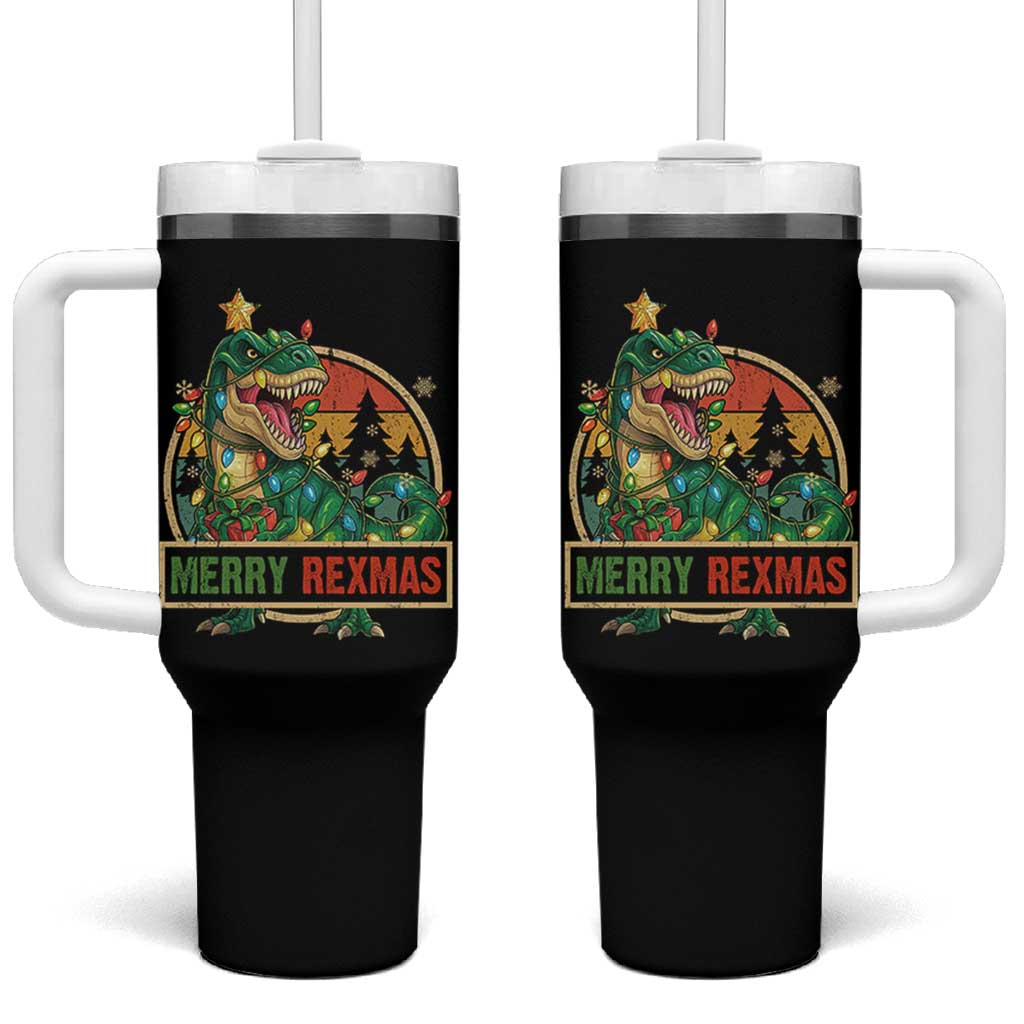 Funny Christmas Dinosaur Tumbler With Handle Merry Rexmas Dino Xmas Tree - Wonder Print Shop