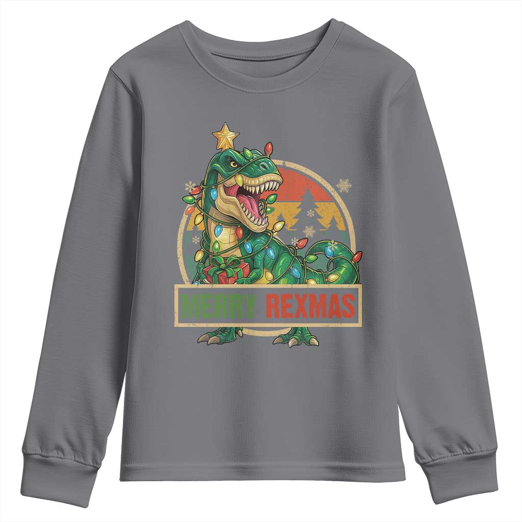 Funny Christmas Dinosaur Youth Sweatshirt Merry Rexmas Dino Xmas Tree - Wonder Print Shop