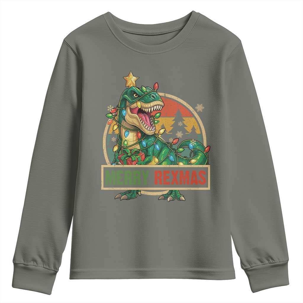 Funny Christmas Dinosaur Youth Sweatshirt Merry Rexmas Dino Xmas Tree - Wonder Print Shop