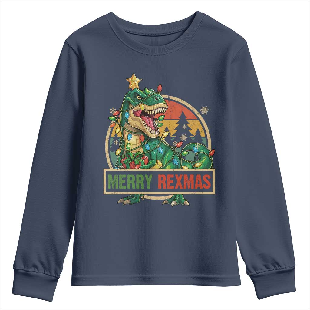 Funny Christmas Dinosaur Youth Sweatshirt Merry Rexmas Dino Xmas Tree - Wonder Print Shop