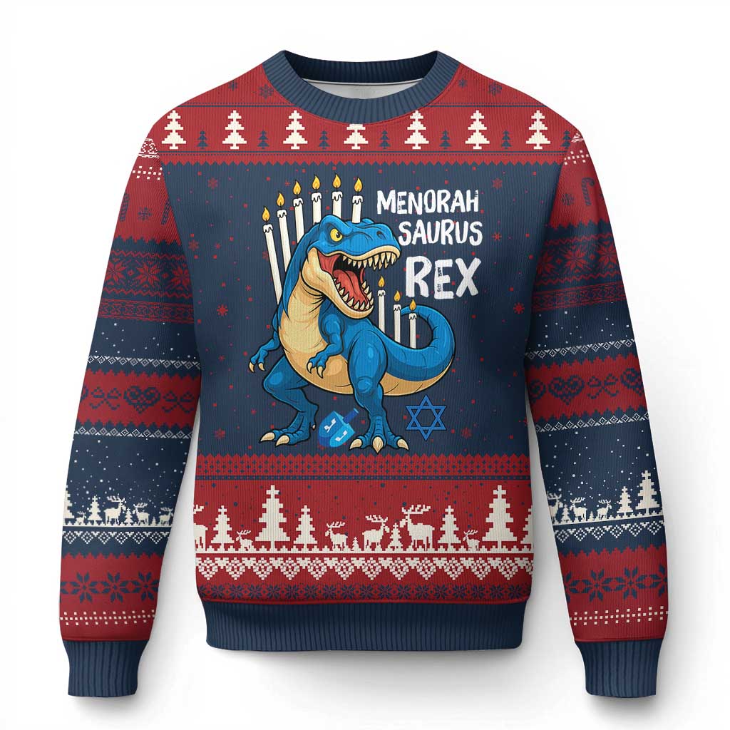 Funny Hanukkah Dinosaur Ugly Christmas Sweater Menorasaurus Rex Jewish Holiday Chanukkah - Wonder Print Shop