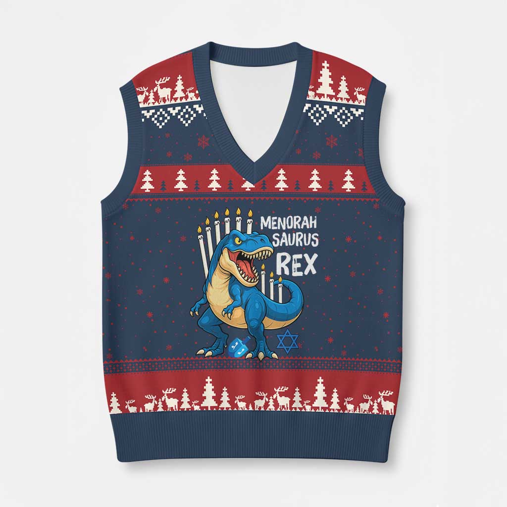 Funny Hanukkah Dinosaur V-Neck Knit Sweater Vest Menorasaurus Rex Jewish Holiday Chanukkah - Wonder Print Shop
