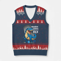 Funny Hanukkah Dinosaur V-Neck Knit Sweater Vest Menorasaurus Rex Jewish Holiday Chanukkah - Wonder Print Shop