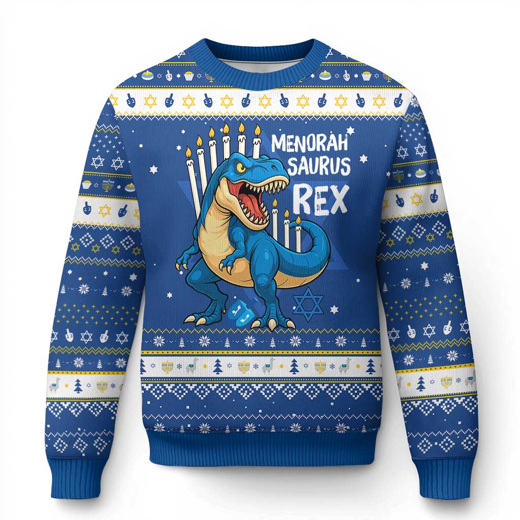 Funny Chanukah Dinosaur Hanukkah Ugly Sweater Menorasaurus Rex Jewish Holiday - Wonder Print Shop